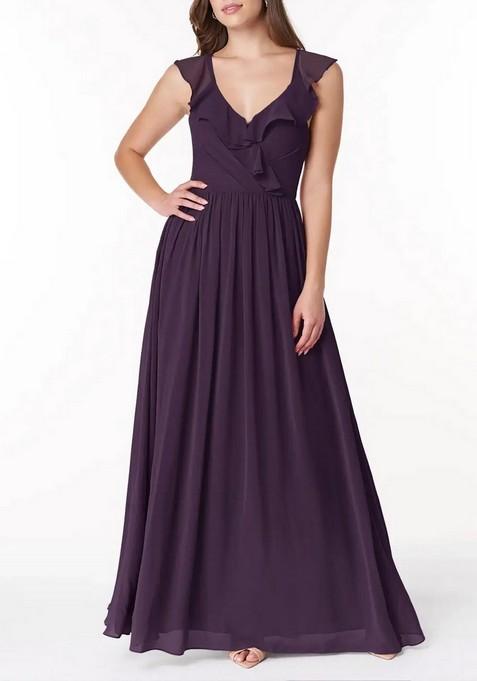 Purple Flowy V-Neck Pleated Chiffon Gown