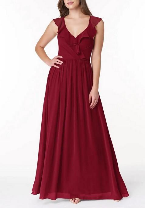 Burgundy Flowy V-Neck Pleated Chiffon Gown