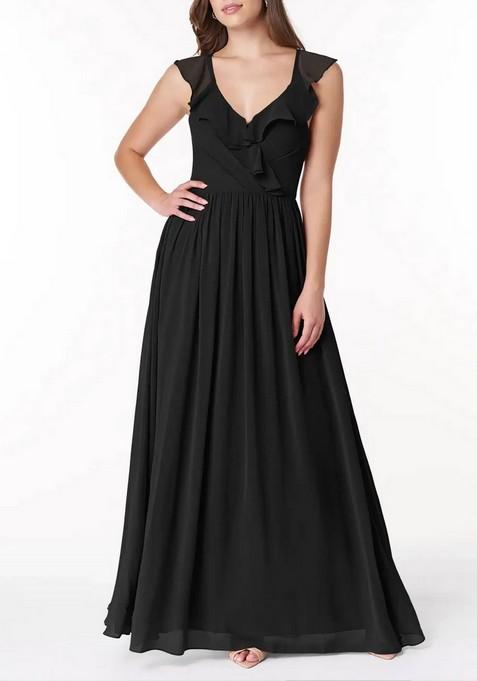 Black Flowy V-Neck Pleated Chiffon Gown