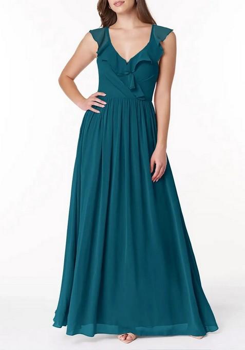 Ink Blue Flowy V-Neck Pleated Chiffon Gown