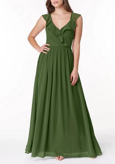 Olive Flowy V-Neck Pleated Chiffon Gown