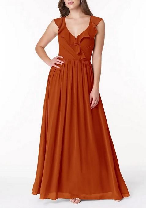 Dark Orange Flowy V-Neck Pleated Chiffon Gown