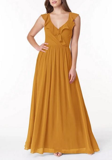 Mustard Flowy V-Neck Pleated Chiffon Gown