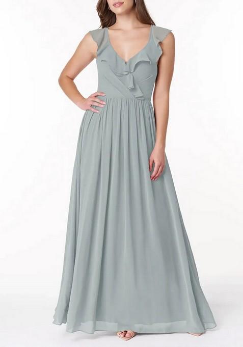 Dolphine Grey Flowy V-Neck Pleated Chiffon Gown