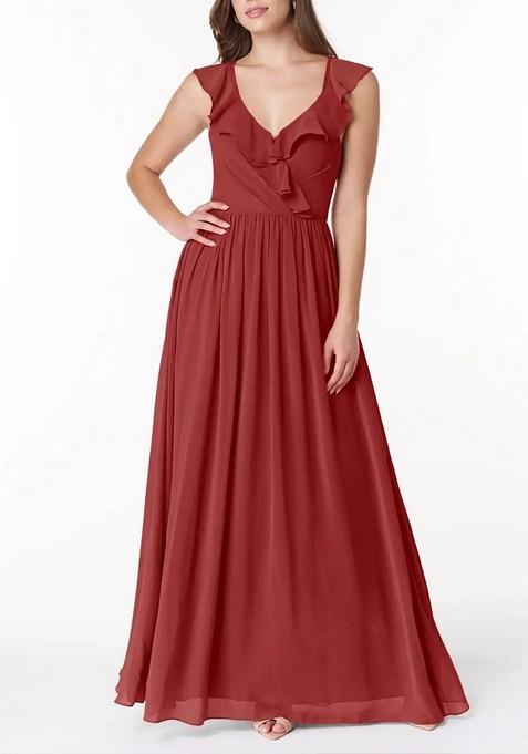 Rust Flowy V-Neck Pleated Chiffon Gown