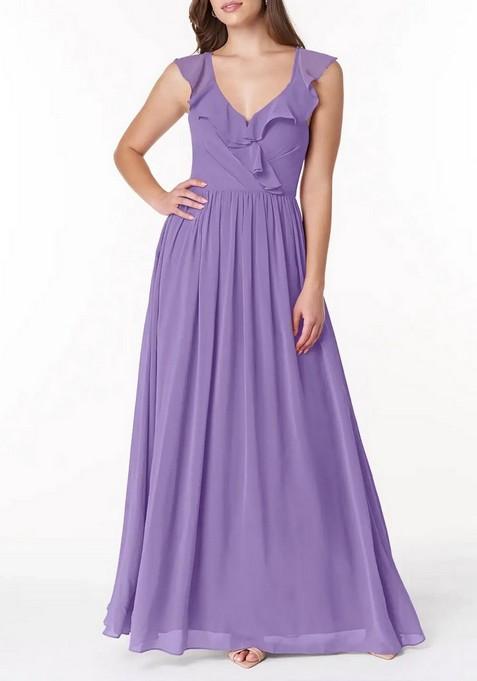 Lavender Flowy V-Neck Pleated Chiffon Gown