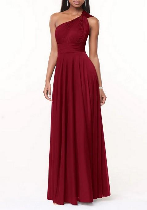 Burgundy A-Line One Shoulder Thin Satin Gown