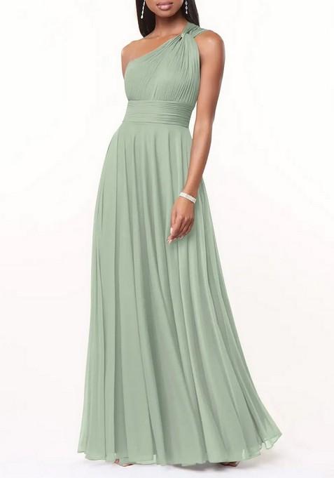 Sage Green A-Line One Shoulder Thin Satin Gown