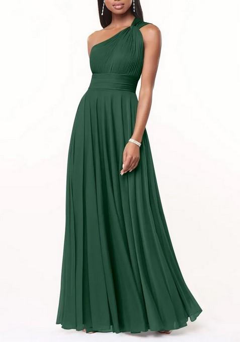 Dark Green  A-Line One Shoulder Thin Satin Gown