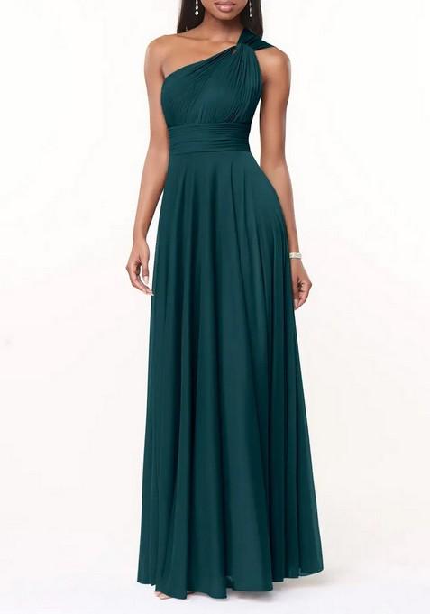 Dark Green A-Line One Shoulder Thin Satin Gown