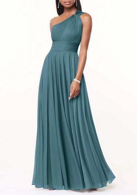 Blue A-Line One Shoulder Thin Satin Gown