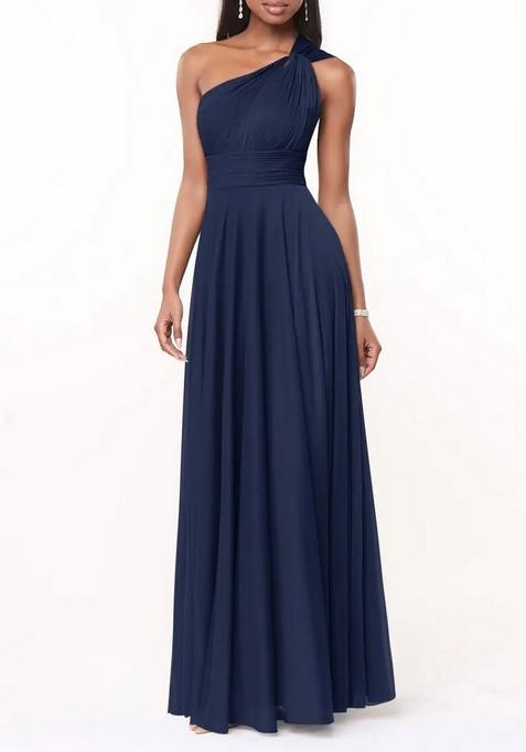 Navy Blue A-Line One Shoulder Thin Satin Gown