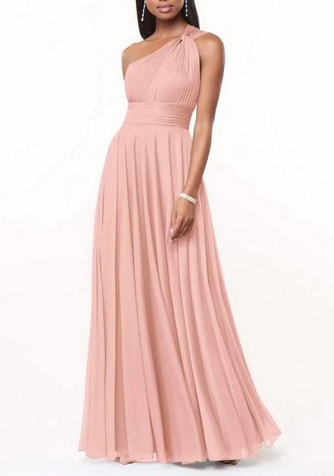 Light Pink A-Line One Shoulder Thin Satin Gown