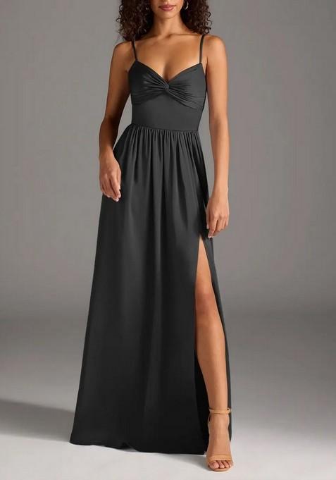 Black A-Line Pleated Thin Satin Gown