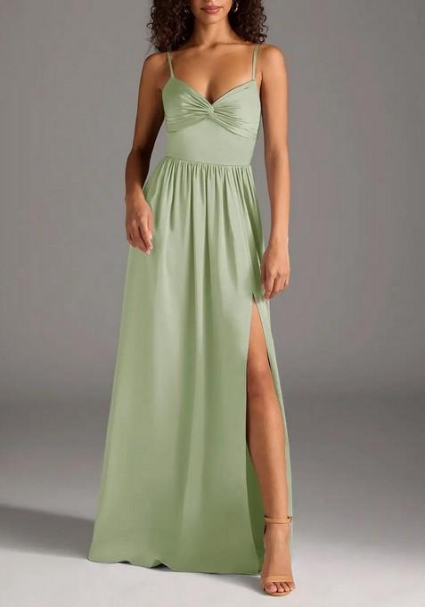 Sage Green A-Line Pleated Thin Satin Gown