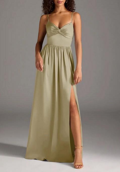 Moss Green A-Line Pleated Thin Satin Gown