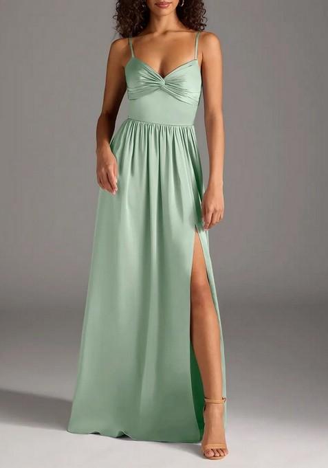 Green A-Line Pleated Thin Satin Gown