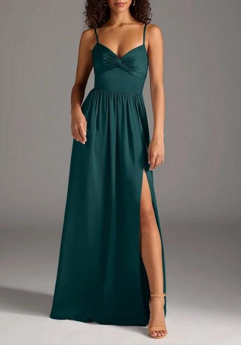 Dark Green A-Line Pleated Thin Satin Gown