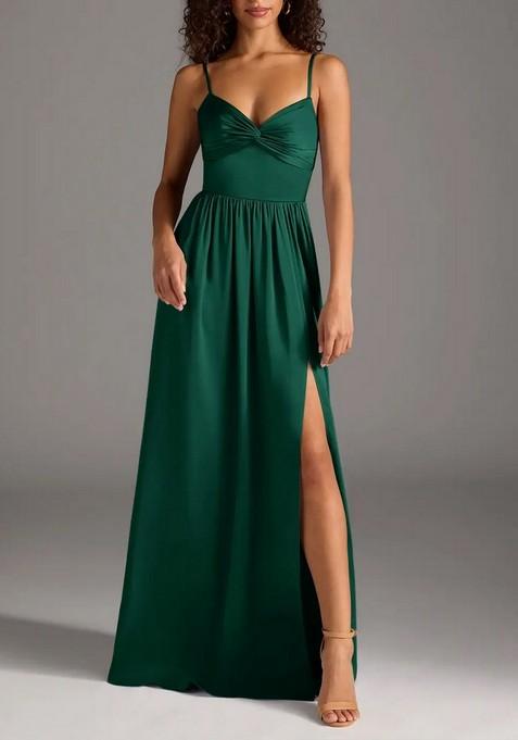 Emerald Green A-Line Pleated Thin Satin Gown