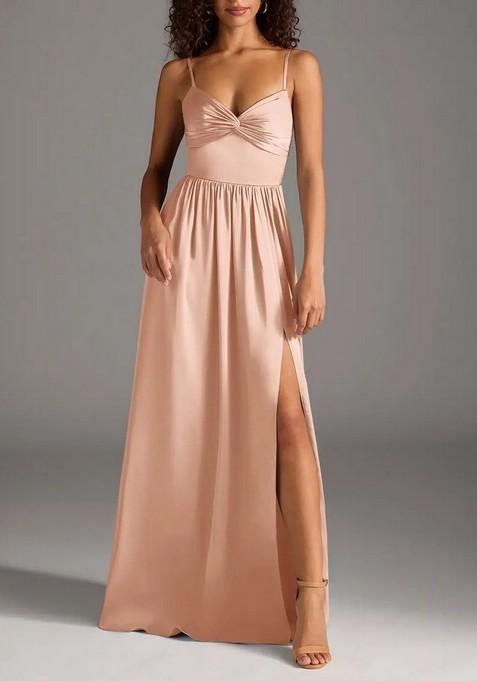 Rose Gold A-Line Pleated Thin Satin Gown