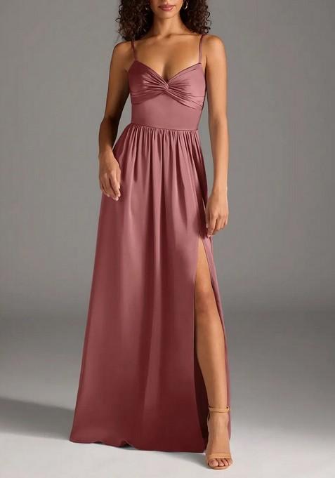 Dusty Pink A-Line Pleated Thin Satin Gown