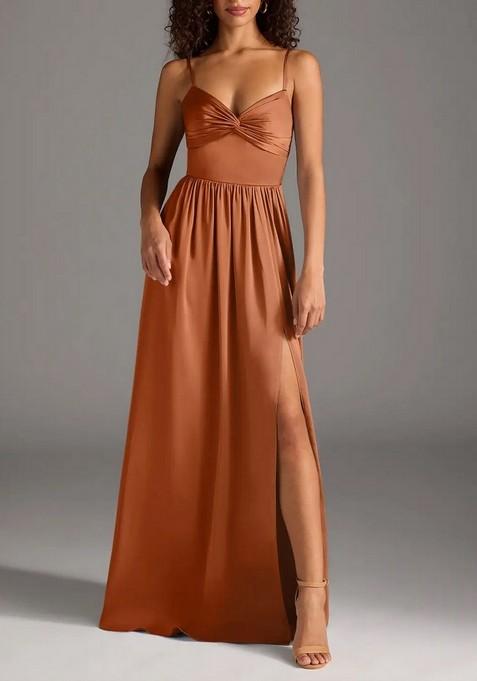 Copper A-Line Pleated Thin Satin Gown