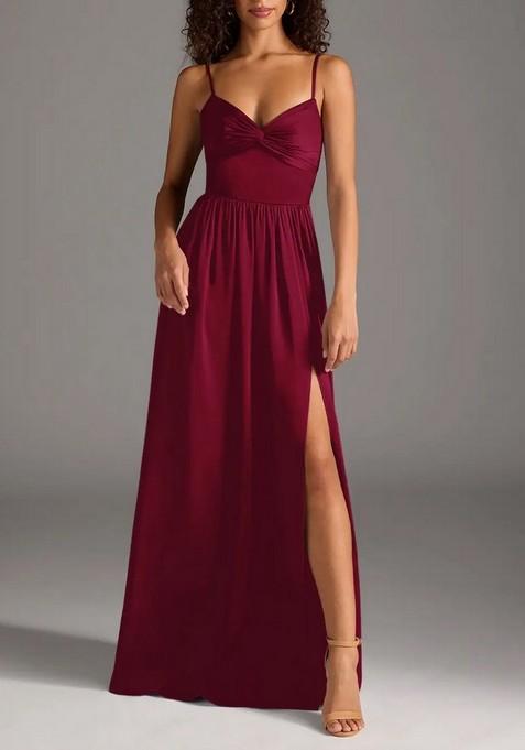 Burgundy A-Line Pleated Thin Satin Gown