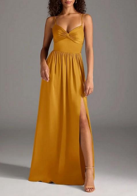 Mustard A-Line Pleated Thin Satin Gown