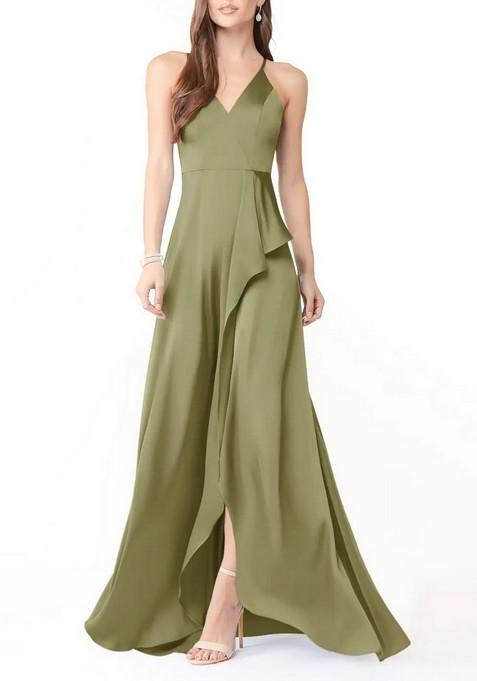 Pistachio Flowy V-Neck Ruched Thin Satin Gown