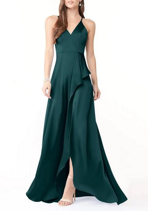 Dark Green Flowy V-Neck Ruched Thin Satin Gown