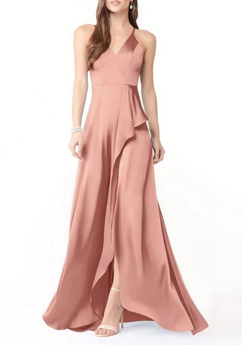 Light Pink Flowy V-Neck Ruched Thin Satin Gown