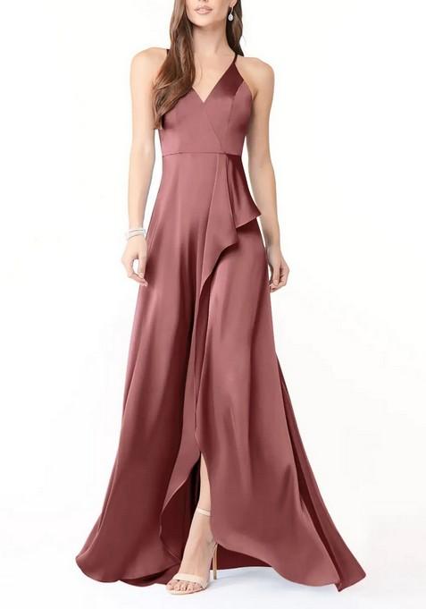 Dusty Pink Flowy V-Neck Ruched Thin Satin Gown