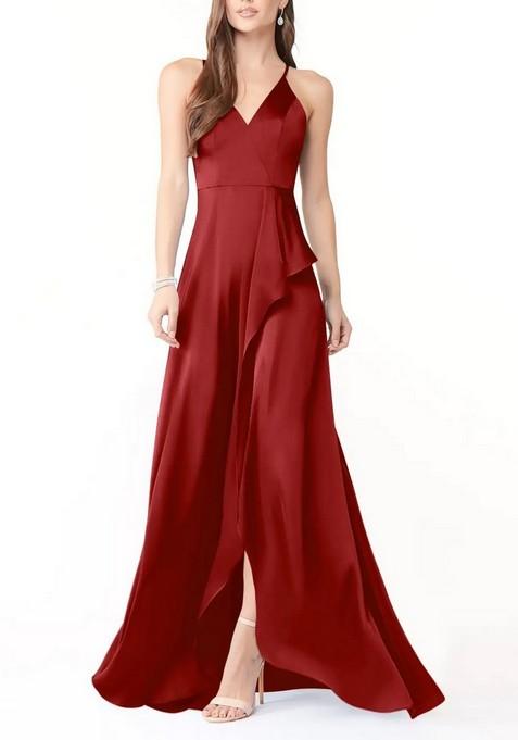 Red Flowy V-Neck Ruched Thin Satin Gown