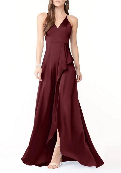 Purple Flowy V-Neck Ruched Thin Satin Gown