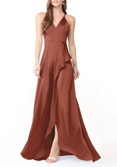 Brown Flowy V-Neck Ruched Thin Satin Gown