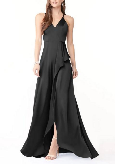 Black Flowy V-Neck Ruched Thin Satin Gown