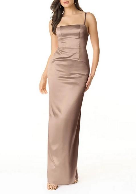 Grey Fitted Square Neck Thin Satin Gown