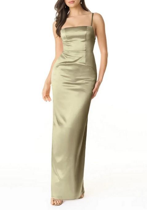 Moss Green Fitted Square Neck Thin Satin Gown