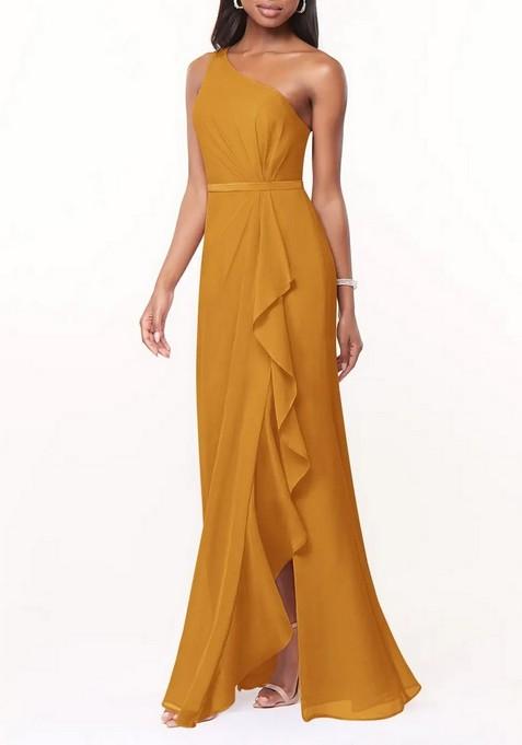 Mustard Mermaid One Shoulder Chiffon Gown