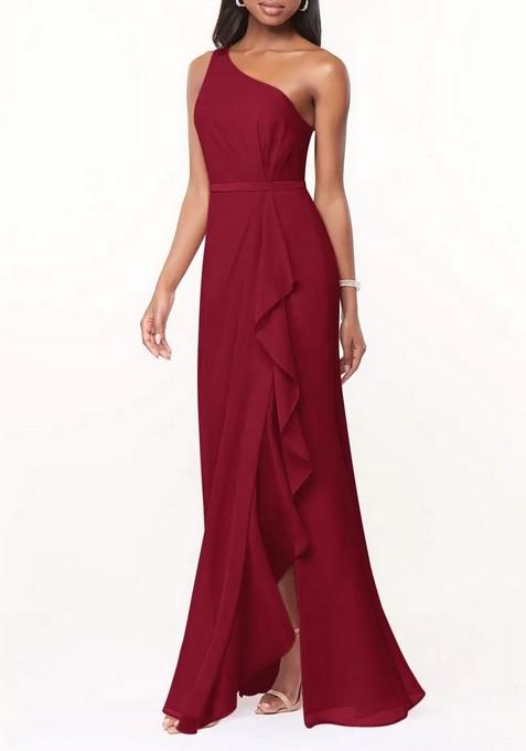 Burgundy Mermaid One Shoulder Chiffon Gown