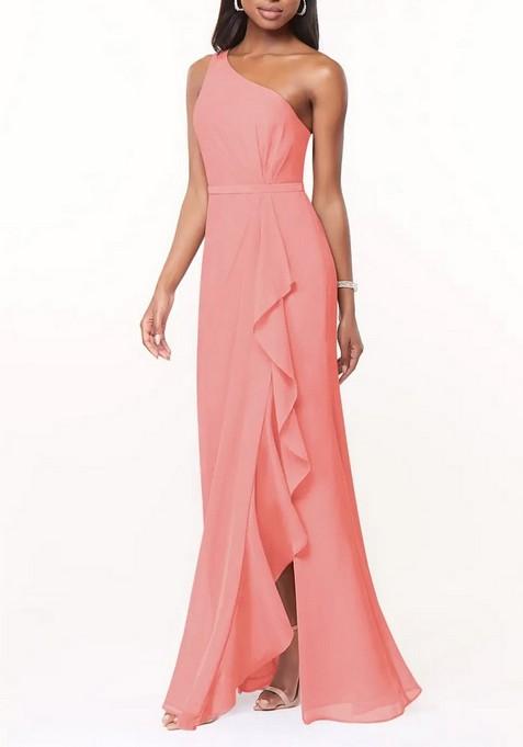 Coral Mermaid One Shoulder Chiffon Gown