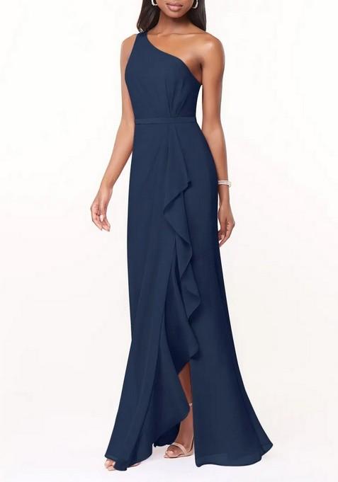 Dark Navy Mermaid One Shoulder Chiffon Gown