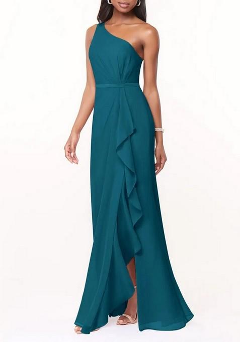 Ink Blue Mermaid One Shoulder Chiffon Gown