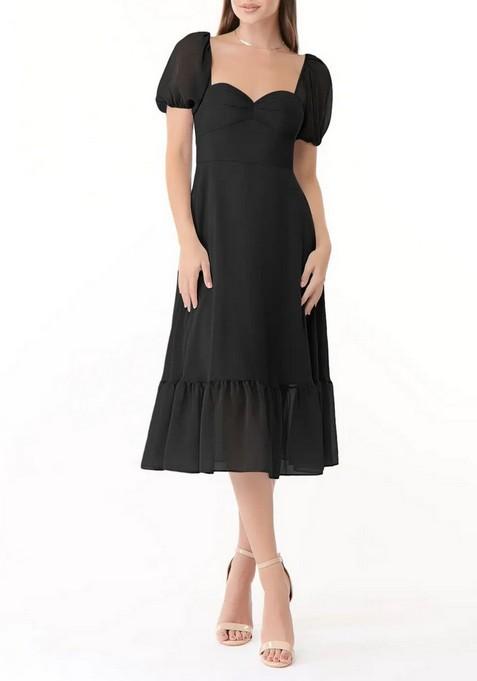 Black Flowy Sweetheart Neck Ruched Chiffon Dress