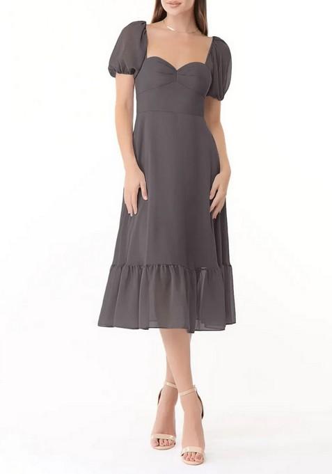 Steel Grey Flowy Sweetheart Neck Ruched Chiffon Dress