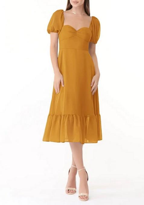 Mustard Flowy Sweetheart Neck Ruched Chiffon Dress