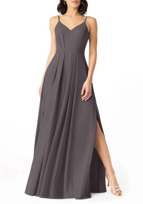 Steel Grey Flowy Pleated V- Neck Chiffon Gown