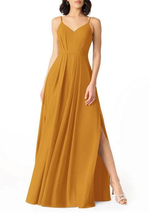 Mustard Flowy Pleated V- Neck Chiffon Gown