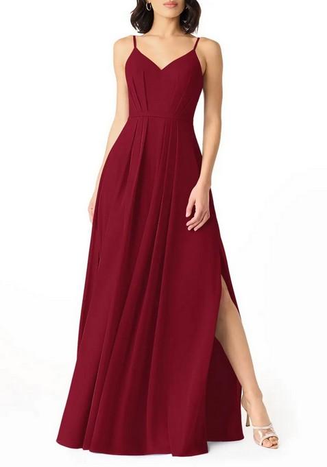 Burgundy Flowy Pleated V- Neck Chiffon Gown