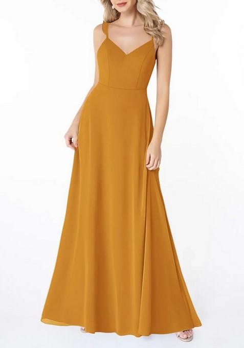 Mustard Flowy Ruched V- Neck Chiffon Gown